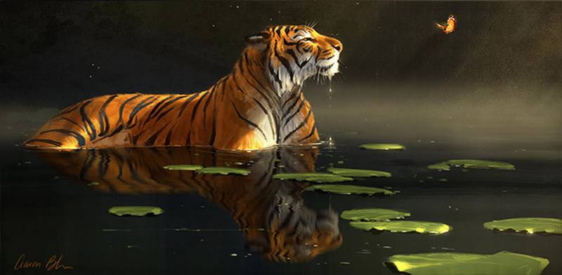 aaron blaise tiger in water comb fog