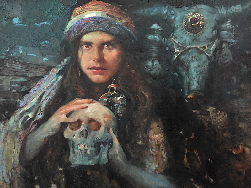 jeff watts mystical woman holding skull artwork