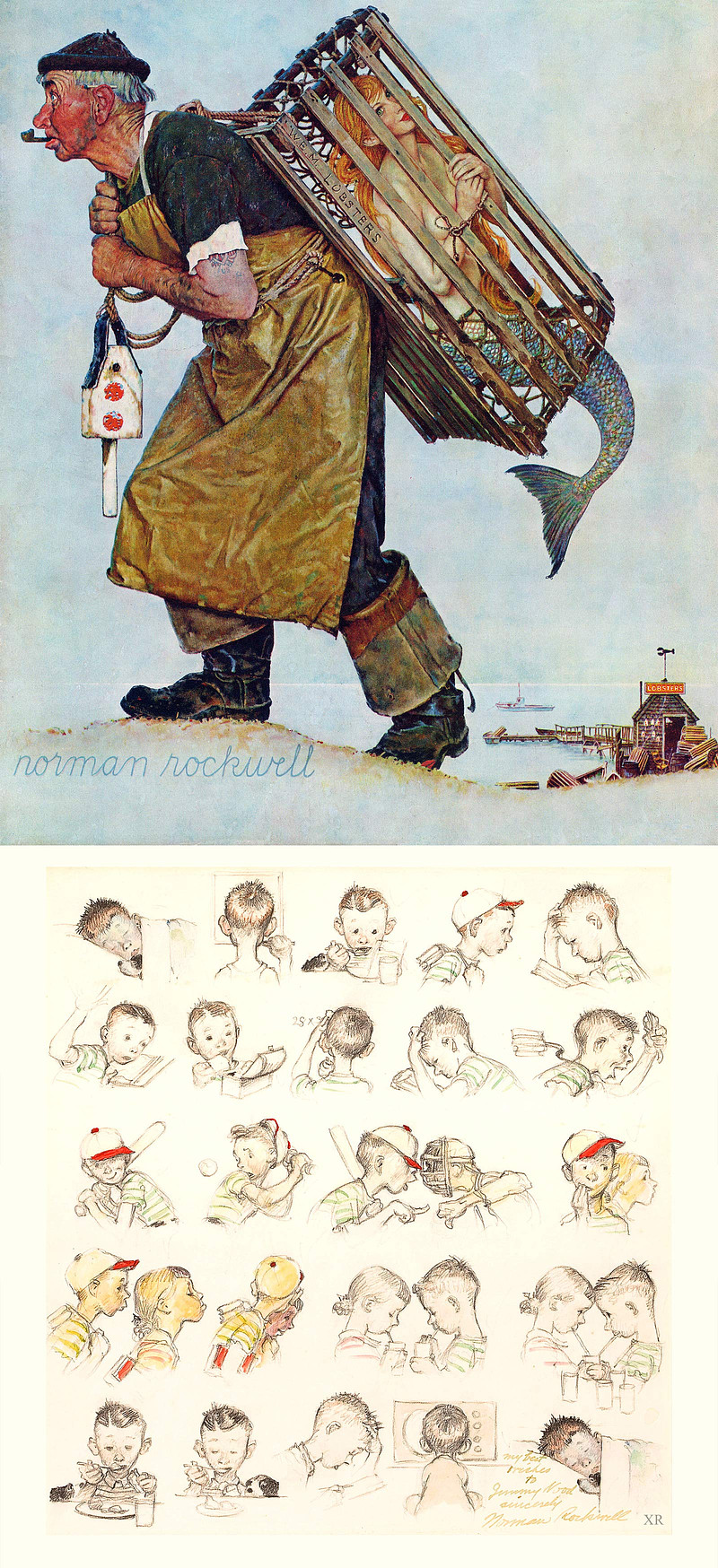 norman rockwell mermaid painting and head drawings