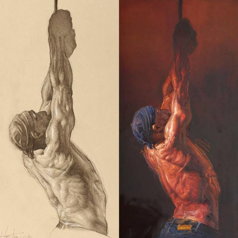 steve huston drawing and painting man pulling rope