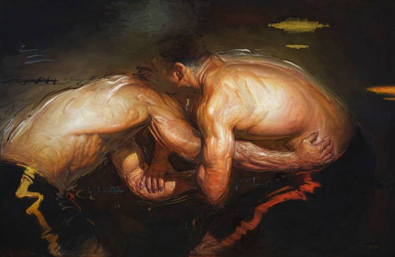 two men wrestling steve huston painting